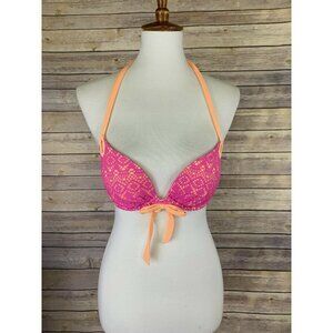 Victoria Secret 34B Bikini Top Swimwear Tie Back Push Up Underwire Lace Neon